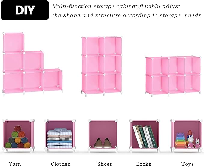 AWTATOS Cube Storage Organizer Protable Closet Organizers and Storage for Kids DIY Stackable 6 Cubes Storage Shelves Clothes Organizer for Bedroom, Home, Pink