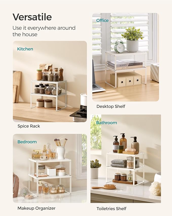 SONGMICS Spice Racks, Set of 4 Metal Cabinet Shelf Organizers, Countertop Organizers, Shelf Risers, Stackable, Expandable, Oatmeal Beige UKCS006K01