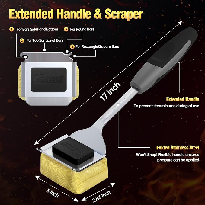 Grill Brush Bristle Free for Outdoor Grill, Steam Grill Cleaning Brush Replaceable BBQ Cleaner Brush Head,Extended Handle, Safe Grill Brush with Scraper for Cast Iron Stainless-Steel Grates,Black