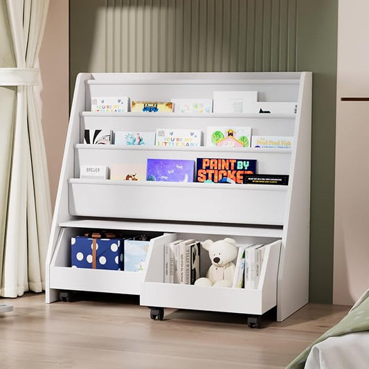 Kids Bookshelf with Two Movable Drawers Toddler Bookcase with Toy Storage Organizer Child Sling Book Rack Baby Cabinet Chest with Wheels for Nursery,Playroom,Bedroom,Living Room,Classroom