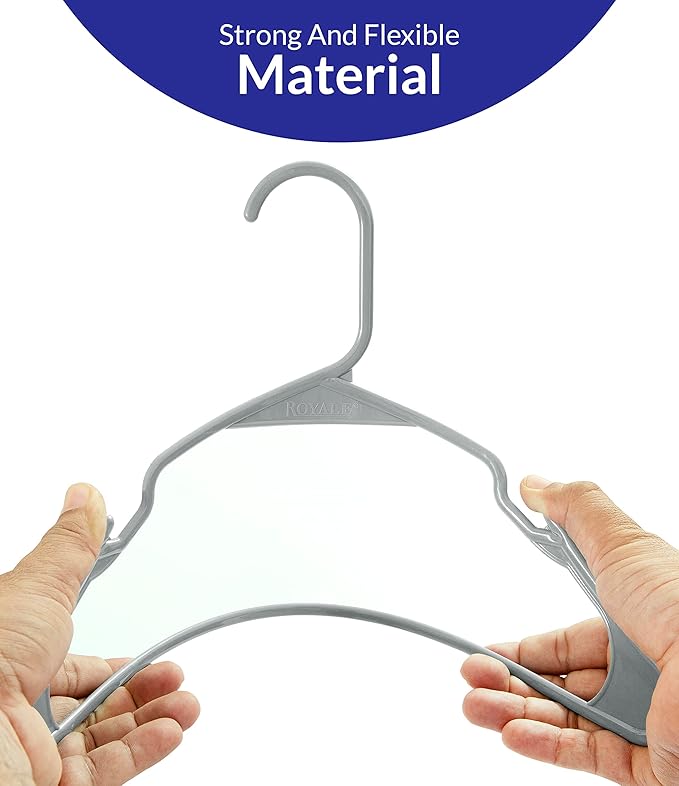 Royale Linens 60 Pack Grey Plastic Hangers for Clothes - Heavy Duty Clothes Hanger for Everyday Use - Lightweight & Space Saving Notched Plastic Hangers