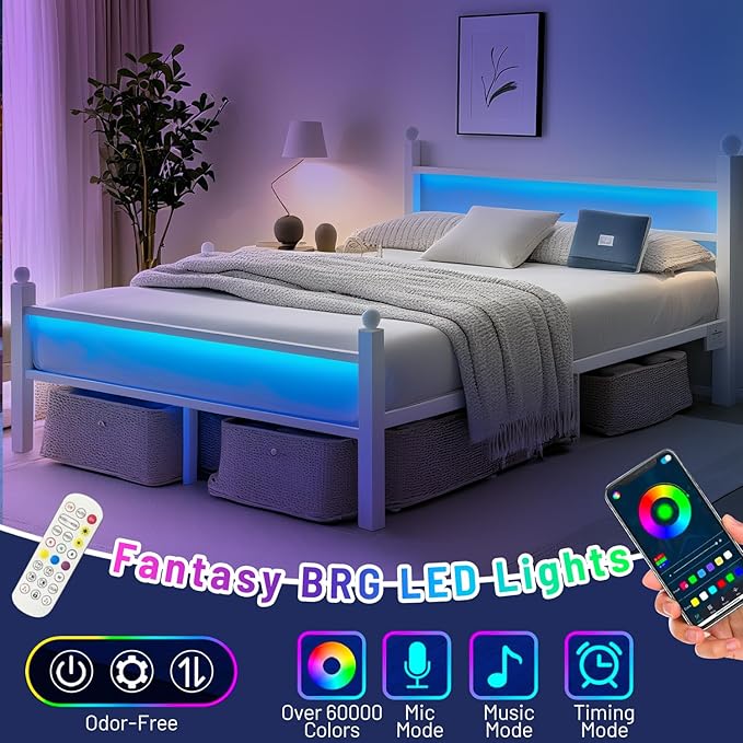 Full Size Bed Frame with Headboard and Footboard,Steel Slats Support-LED Bed Frame with USB Charging Station,Mattress Foundation-Under Bed Storage,No Box Spring Needed,Noise Free,White
