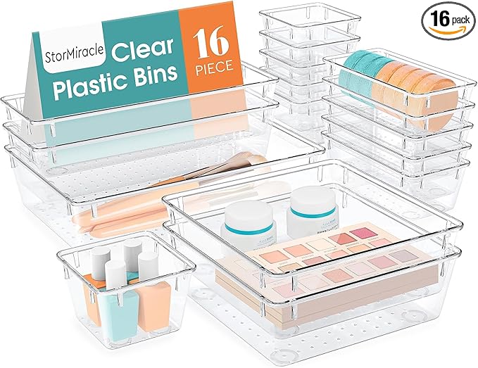 16 PCS Drawer Organizer Set, 5 Varied Size Bathroom and kitchen Drawer cabinet organizer Trays, Clear Storage Bins for Makeup, Jewelry, Utensils and Gadgets