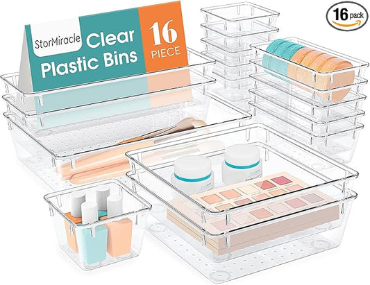 16 PCS Drawer Organizer Set, 5 Varied Size Bathroom and kitchen Drawer cabinet organizer Trays, Clear Storage Bins for Makeup, Jewelry, Utensils and Gadgets