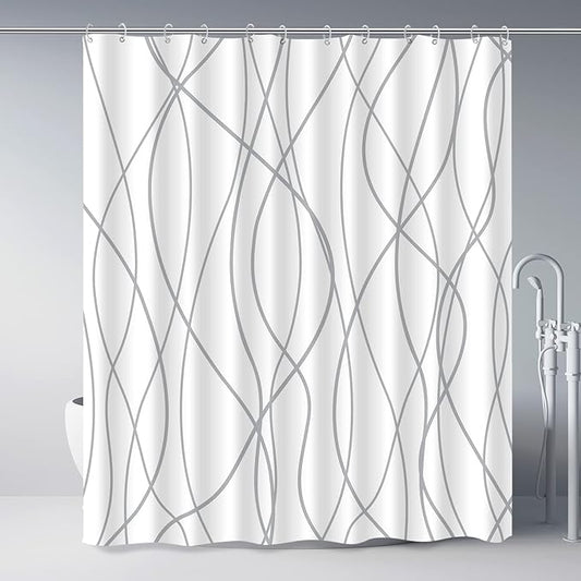 Punkray Grey and White Striped Polyester Shower Curtain for Bathroom with Hooks, Curtains 72 Inches Long, Weighted Hem, Waterproof Bath Accessories Hotel Style - Machine Washable