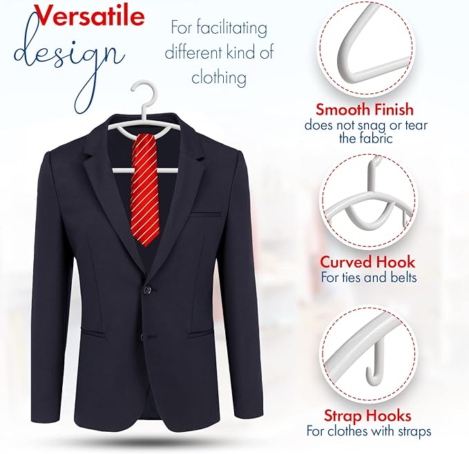 Plastic Clothes Hangers- 24 Heavy Duty Plastic Hangers for Clothes, Light Weight, Coats, Dress, Suits- Non Slip Cloth Hanger with Hook for Scarves, Belts & Ties- Snag Free White Hangers for Shirts
