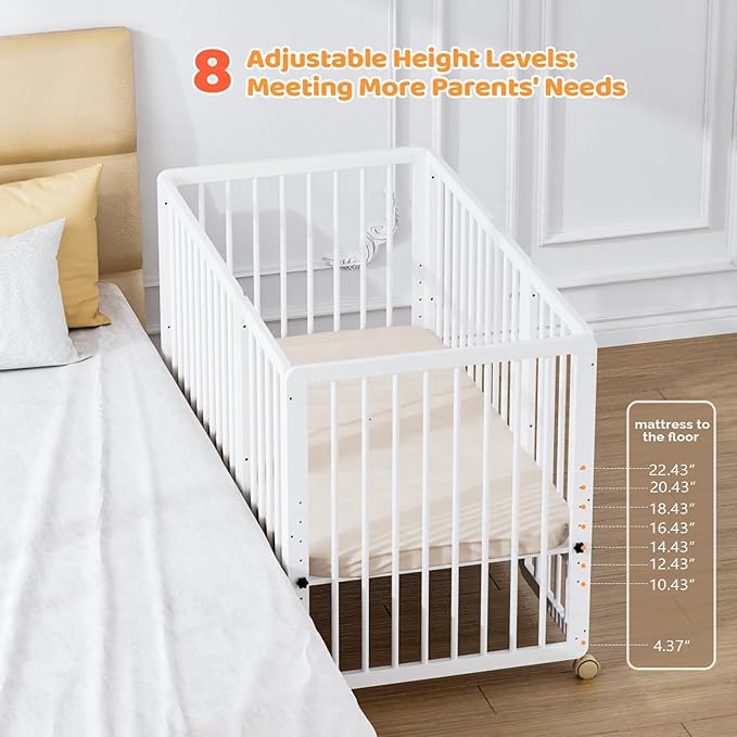 JOYMOR 8 in 1 Convertible Crib with Changer, Include 2” Mattress, Converts to Bassinet, Mid Crib, Full Size Crib, Daybed,Toddler Bed and Playard (Crib, White)