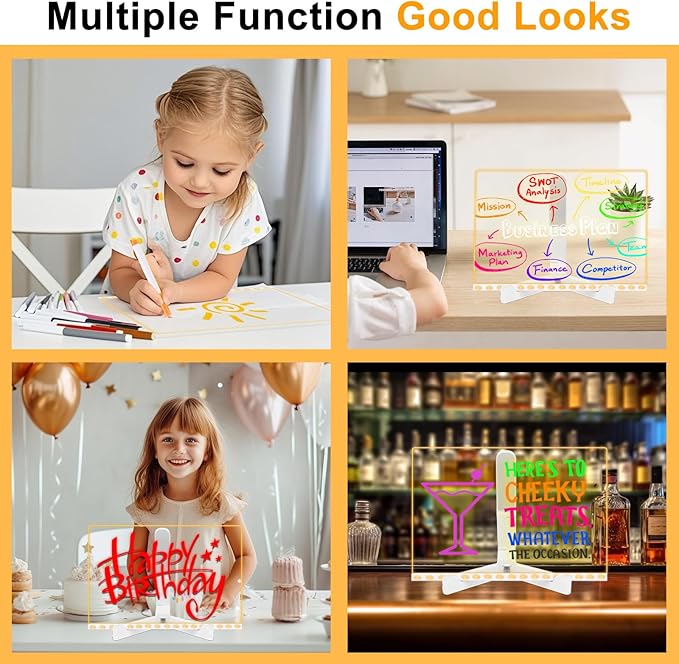 Led Note Board with Colors, 11.8 X 7.9” Acrylic Dry Erase Board with Light, Acrylic Lighted Memo Board with Adjustable Stand, LED Light-Up Message Note Board with 12 Pen for Office School Home