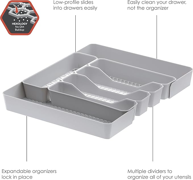 Spectrum HEXA 5-Divider Expandable Silverware Tray (Stone Gray) - In-Drawer Organizer for Kitchen Accessories, Cutlery, Knives, & More / Easy-to-Clean Home & Apartment Essential