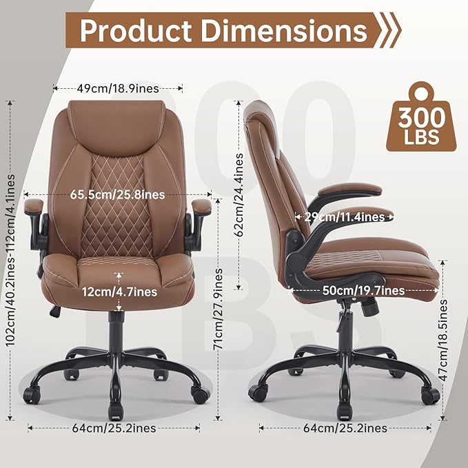 YFO Leather Office Ergonomic Home Office Desk Chair, Back Support Swivel Executive Office Chair with Wheels and Flip-Up Armrests, Small Gaming Chair with Adjustable Rocking Function, Brown