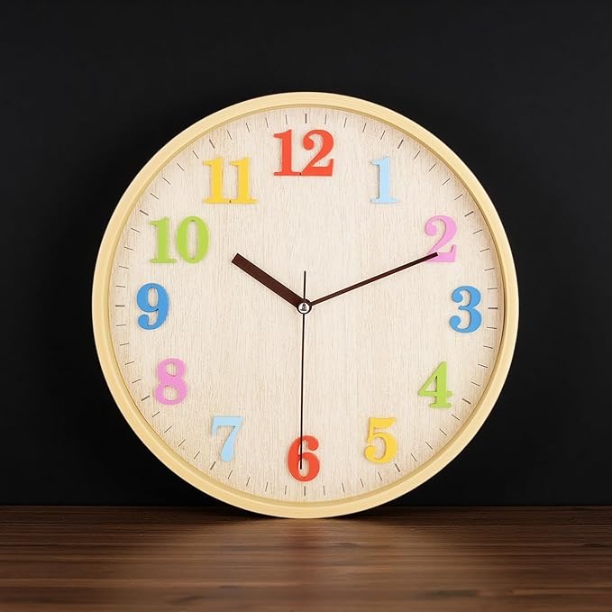 Topkey 12" Wooden Look Wall Clock Silent Non-Ticking 3D Numbers Colorful Decorative Round Clock for Living Room, Bedroom and Office Battery Not Included - Light Brown
