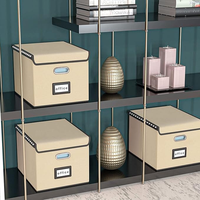 Huolewa File Organizer Box with Lid, Collapsible File Folder Organizer for Office Document Storage, Filing Box with Plastic Slide for Letter/Legal Size Hanging Files, Brown, 2 Pack