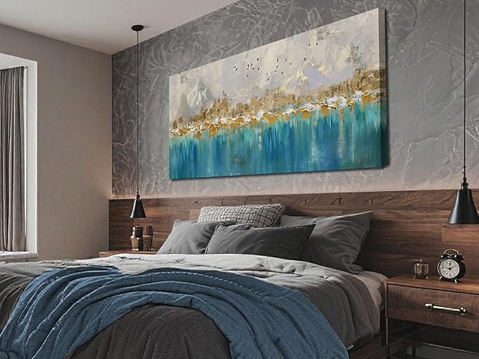 Arjun Teal Gold Abstract Wall Art Blue Turquoise Hand Painted Textured Painting Canvas Modern Grey Artwork Wooden Framed Large Size for Living Room Bedroom Bathroom Home Office Wall Decor, 48"x24"