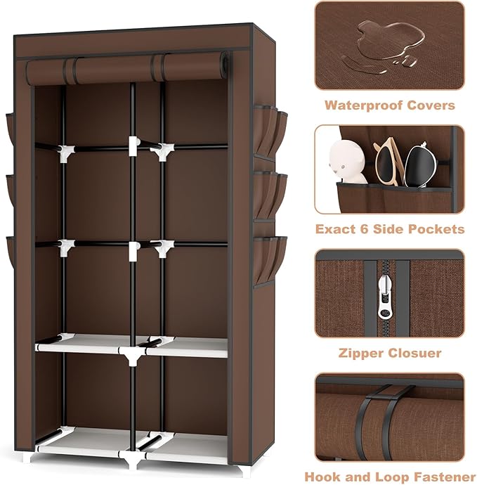 VTRIN Portable Closet Wardrobe for Hanging Clothes with 4 Storage Shelves, 2 Hanging Rods and 6 Pockets, Stable and Easy Assembly Clothes Rack with Cover Free Standing Closet, Brown