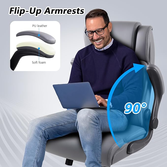 Leather Office Chair Desk Chair, Comfortable Office Desk Chair Computer Chair with Adjustable Flip-up Armrest, Ergonomic Executive High Back Tall Chairs with Smooth Wheels, Grey