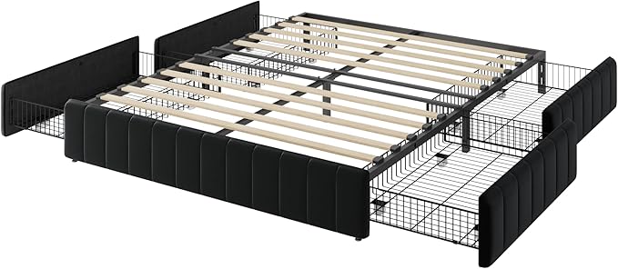 Allewie Full Size Platform Bed Frame with 4 Large Storage Drawers, Velvet Vertical Channel Tufted Upholstered Bed Base, Wooden Slats Support, Noise-Free, No Box Spring Needed, Easy Assembly, Black