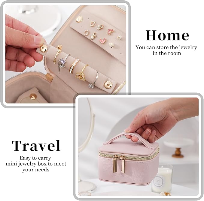 PU Leather Travel Jewelry Organizer Case with 4 Pouches & Handle, Anti-Tangle Storage Box for Necklace, Earrings, Rings, Compact Jewelry Box for Women Gift (Pink)