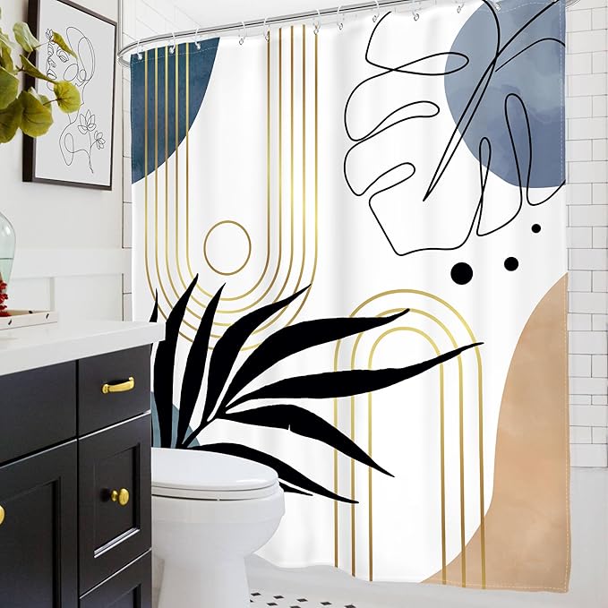 Glawry Abstract Tropical Shower Curtain Chic Boho Plant Palm Leaf Watercolor Blue Simple Minimalist Bathroom Modern Botanical 60Wx72L Inches Bath Accessories Art Home Decor Fabric with Hooks