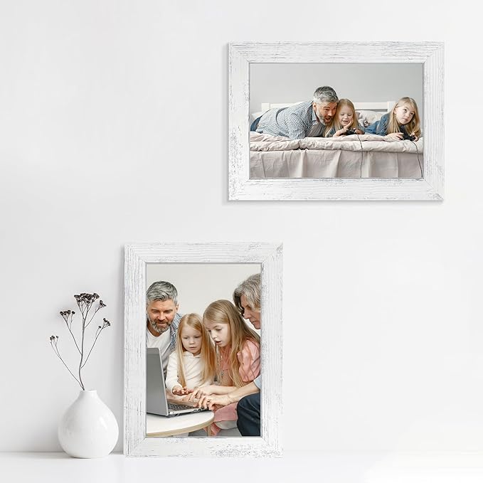6x9 Picture Frame Set of 4, High Definition Glass Distressed White Frame, 6 x 9 Photo Frames for Horizontal or Vertical Tabletop Display and Wall Mounting