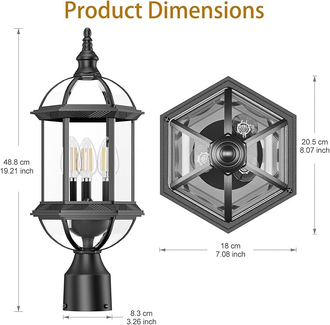 Large Outdoor Post Lights,19.21" 3-Light Lamp Post Light Fixture,Hardwired 120V Exterior Waterproof Pole Lighting,Modern Black Aluminum Lantern for Garden, Yard, Patio, Pathway
