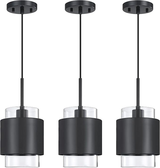 3 Pack 1 Light Hanging Kitchen Island Pendant Light 6" Drum Clear Glass Shade Indoor Pendant Ceiling Light Fixturess,Dark Gray Finish Modern Farmhouse Dinning Over Sink