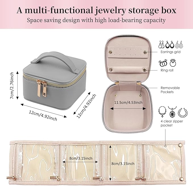 PU Leather Travel Jewelry Organizer Case with 4 Pouches & Handle, Anti-Tangle Storage Box for Necklace, Earrings, Rings, Compact Jewelry Box for Women Gift (Grey)