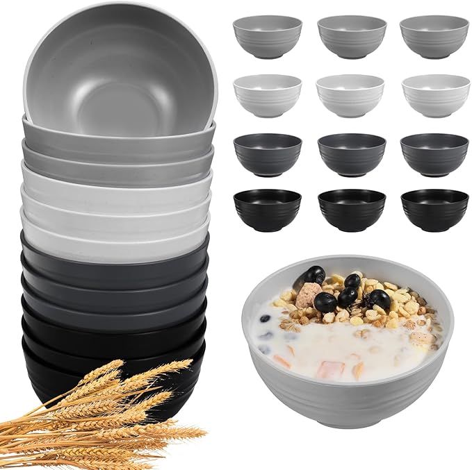 12 Pcs Unbreakable Cereal Bowls Set, 26 Oz Wheat Straw Bowls Set, Microwave & Dishwasher Safe Bowls for Kitchen, Reusable Plastic Bowls for Soup, Salad and Snack, BPA Free, Multicolor