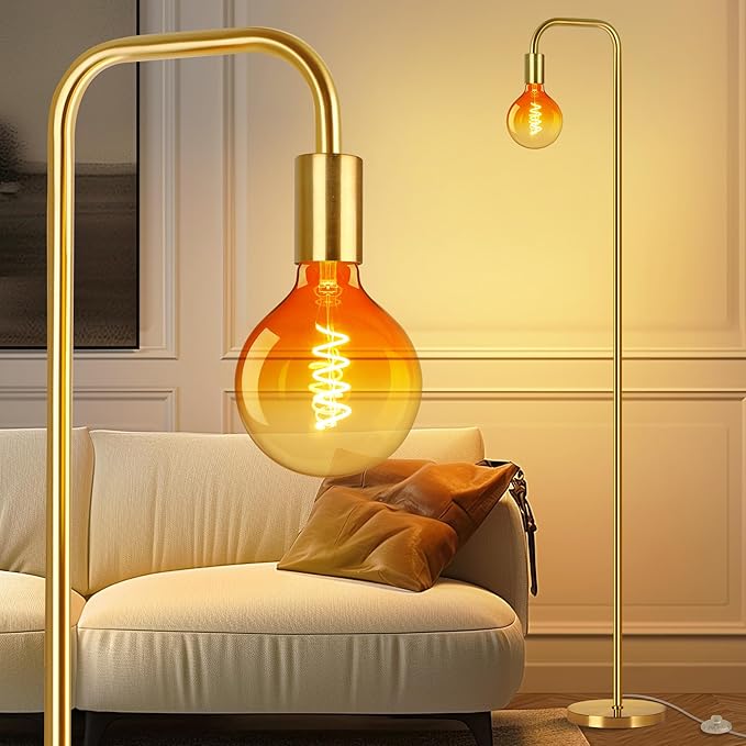 QiMH Floor Lamp for Living Room, Minimalist Industrial Standing Lamp with Clear Globe Glass LED Bulb, 2200K Warm Ambiant Lighting Decorative Modern Tall Lamp for Bedroom Office, Brushed Gold