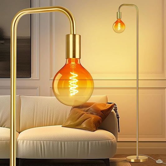 QiMH Floor Lamp for Living Room, Minimalist Industrial Standing Lamp with Clear Globe Glass LED Bulb, 2200K Warm Ambiant Lighting Decorative Modern Tall Lamp for Bedroom Office, Brushed Gold