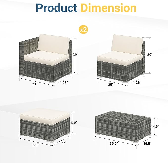 Wisteria Lane 5 Piece Outdoor Patio Furniture Set, All Weather Wicker Rattan Sectional Sofa Conversation Set with Cushions & Glass Coffee Table, Ideal for Backyard Porch Garden Balcony, Beige