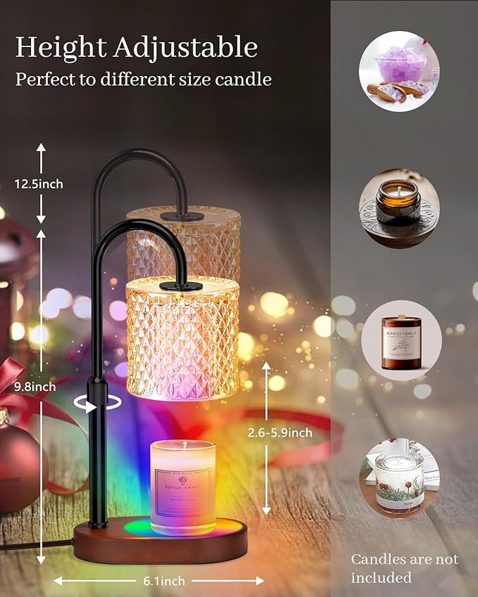Candle Warmer Lamp with 8 Colors LED Changing and Timer Dimmer, Candle Warmer with RGB Model Height Adjustable for All Size Scented Candles with 2 Bulbs, Christmas Gift for Mom, Wife,Friends