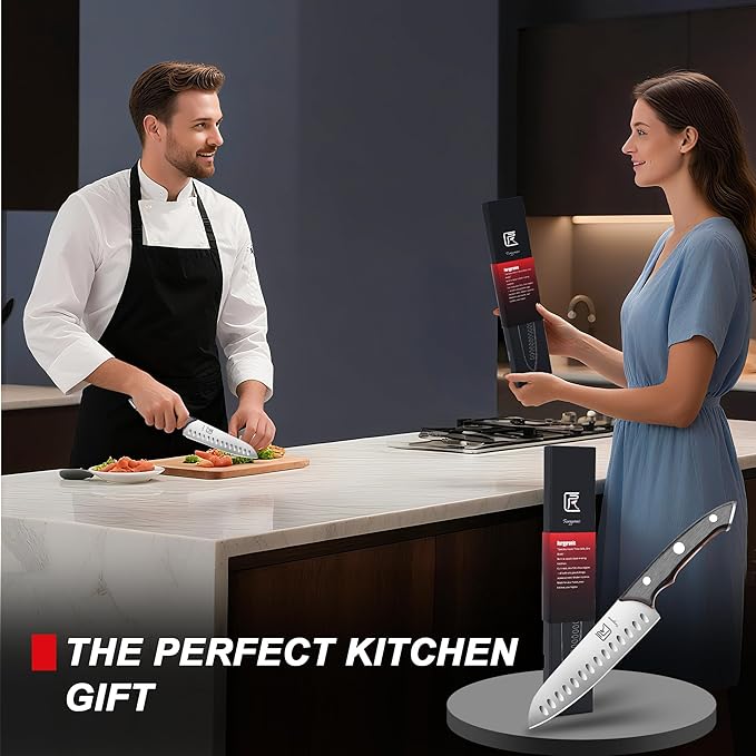 Santoku Chef Knife, 7 Inch Kitchen Knife, Ergonomic Non Slip Thumb Grip,Ultra Sharp Cutting Knife, Forged From Japanese Steel, Professional Cooking Knife For Cutting Meat And Vegetables.