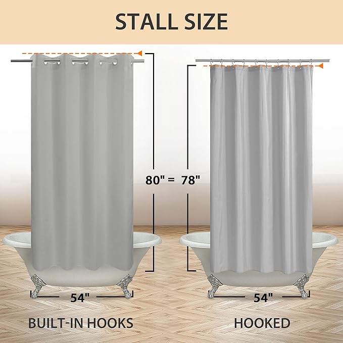 River Dream Stall Size No Hook Grey Fabric Shower Curtain or Liner Soft Microfiber - 54" x 78" Shower Stall Curtain Hotel Grade, Waterproof & Machine Washable, Gray, 54x80