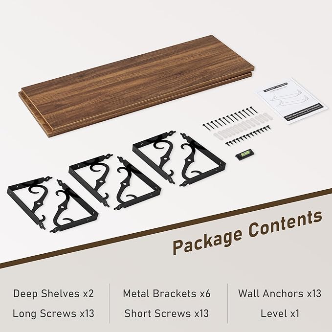 Deep Floating Shelves, 36" W x 12" D Wall Shelves Set of 2, Wide Display Shelf Wall Mounted with Brackets, Bookshelf for Living Room, Bathroom, Bedroom, Walnut