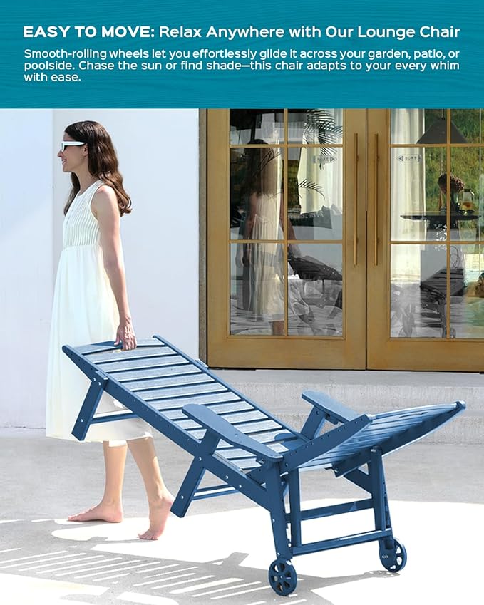 Outdoor Lounge Chair Set of 4, All Weather Patio Chaise Lounge Chair for Outside, HDPE Chair with Rolling Wheels & Cup Holder, 5 Position, Deck, Pool, Navy Blue