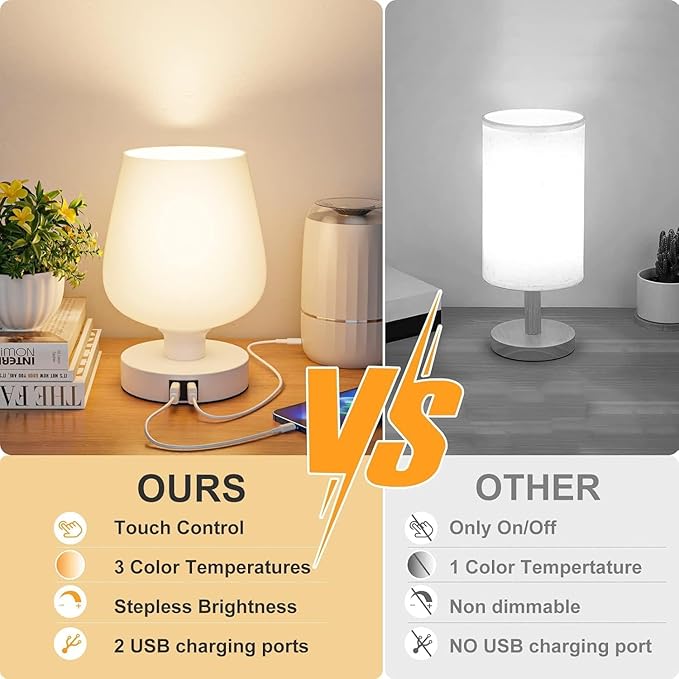 Touch Bedside Table Lamp - Modern Small Lamps for Bedroom Living Room Nightstand, Desk Lamps with White Opal Glass Lamp Shade, Warm LED Bulb, 3 Way Dimmable, Bulb Included