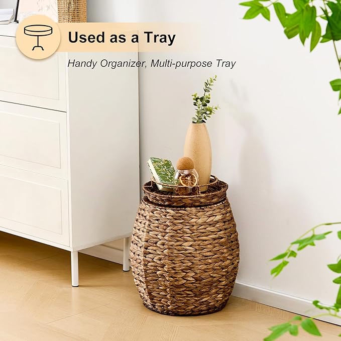 Round Wicker Basket with Lid, Handwoven Water Hyacinth Storage Basket, Blanket Organizer Basket for Laundry, Bathroom, Bedroom, Living Room, Office