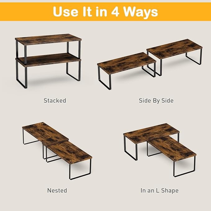 Cabinet Shelf Organizers, 15.7 inches Large Kitchen Counter Shelf, Set of 4 Wood Kitchen Pantry Organizer, Storage Shelves for Countertop, Spice Rack, Stackable, Expandable, Metal Black, Brown