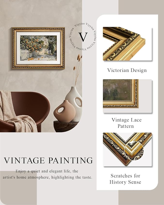 VIYYIEA Gold Framed Wall Art Canvas Print for Living Room Country Orange Trees Earthy Room Decor Aesthetic Oil Painting Wall Picture Farmhouse Artwork for Kitchen Bedroom Bathroom Decor 11x14in
