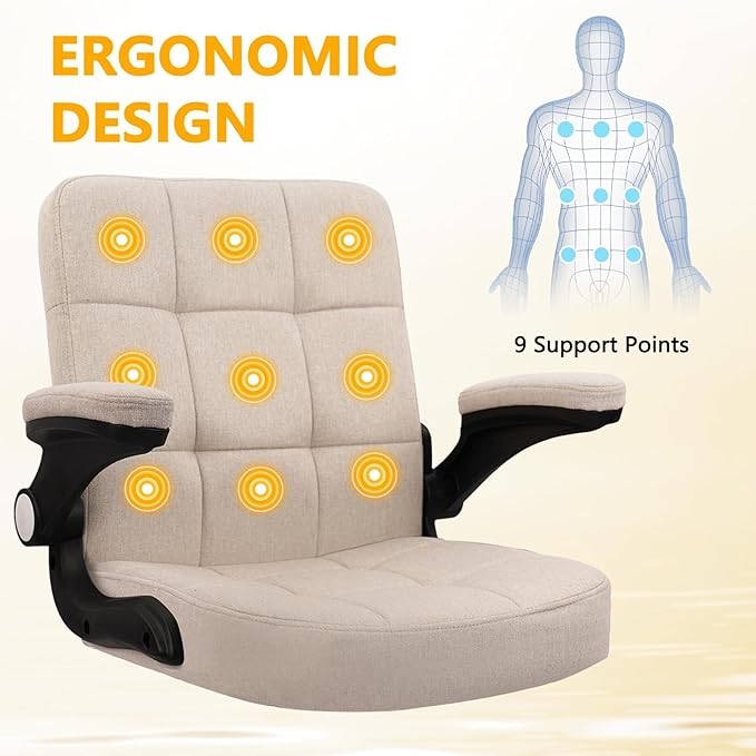 CLATINA Fabric Office Chair Ergonomic Cloth Linen Swivel Desk Chair with Back Support and Padded Flip up Armrests, Executive Rolling Computer Chairs for Work, Conference, Home, Study, Beige, 2 Pack