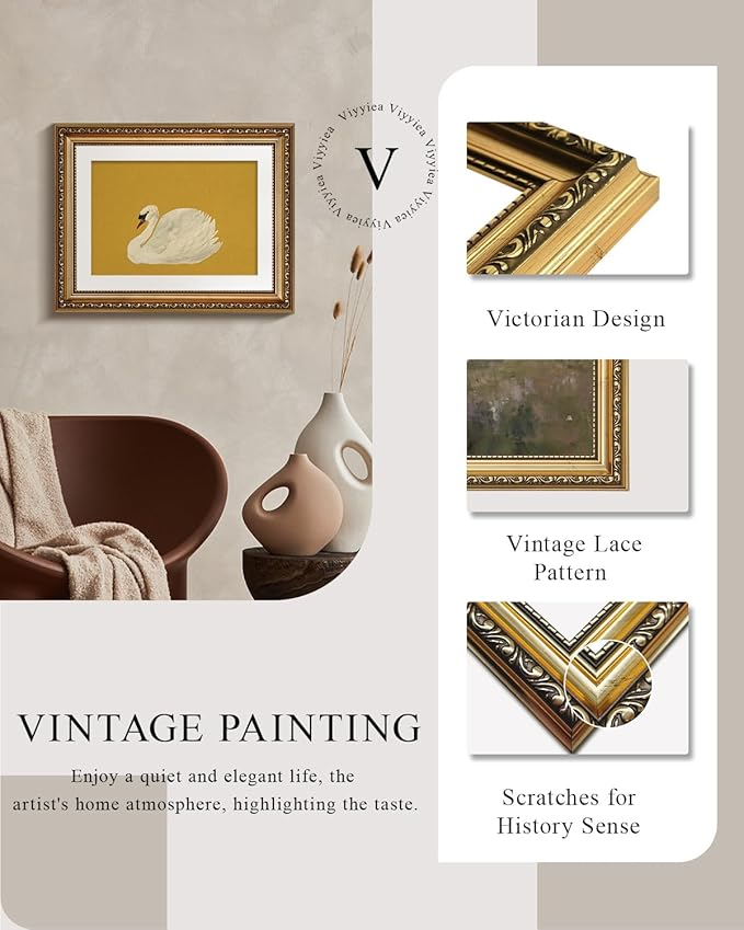 VIYYIEA Gold Framed Wall Art, Swan Yellow Canvas Print Home Decor Vintage Art Painting Picture Bathroom Wall Decor, Animals Artwork for Living Room Bedroom Kitchen Office - 14L x 11W