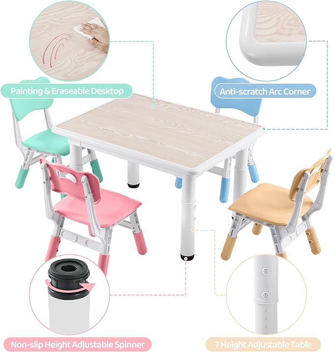 Kids Table and 4 Chairs Set, Height-Adjustable Toddler Table and Chairs with Graffiti Desktop, 31.5''L x 23.6''W Children Activity Table for Daycare, Classroom, Home