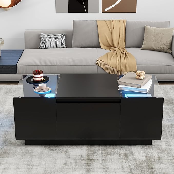 Modern High Gloss Coffee Table with Storage, 41.3-Inch Glass Top Center Cocktail Table with Drawers for Living Room, Black