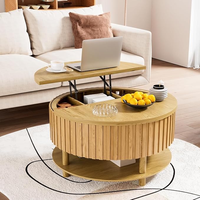 Round Lift Top Coffee Table with Storage, 31.5'' Modern 2-Tier Coffee Table with Hidden Storage Compartment and Open Shelf, Fluted Center Table for Living Room Office (Wood Color)