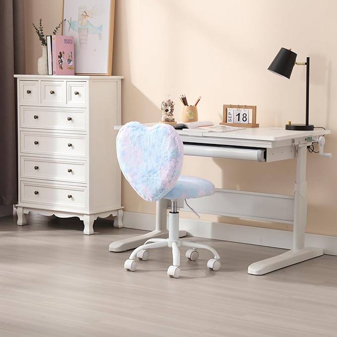 Kmax Kids Reading Chair, Rolling Cute Desk Chair for Girls Swivel Office Chair with Wheels & Heart Back Adjustable Childrens Vanity Chair for Bedroom Reading Room - Fur, Baby Blue