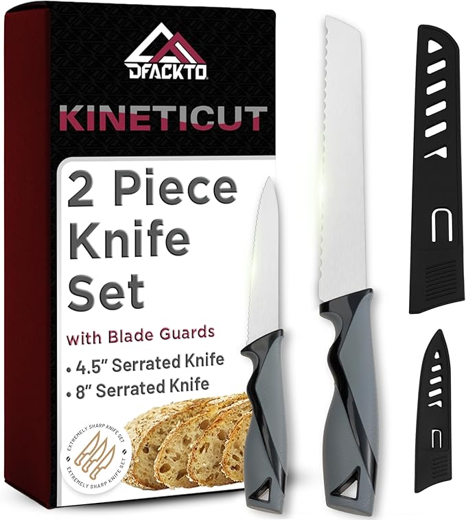 2-Piece Serrated Knife Set – Stainless Steel Kitchen Cooking Knives w/Protective Covers, Dishwasher Safe, No Block, Sharp Cutlery for Slicing Bread, Cooking Fruit & Steak w/Sheath - Gray