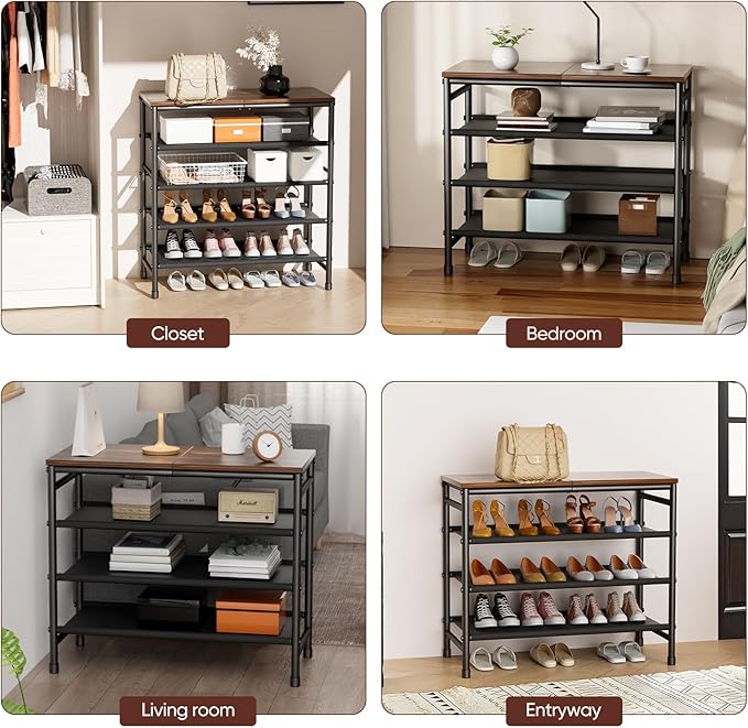 Mavivegue 4-Tier Metal Shoe Rack, Shoe Storage Organizer with Non-Woven Fabrics Shelves and Wooden Top Board, Entryway Shoe Stand for Closet Bedroom Living Room Garage, Black & Rustic Brown
