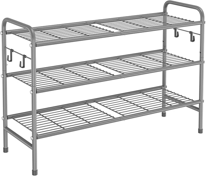 3 Tier Shoe Rack 33" Wide Metal Shoe Organizer Long Shoe Storage with 4 Side Hooks Sturdy Shoes Shelf for Front Door Entrance, Closet, Garage, Dorm, Grey