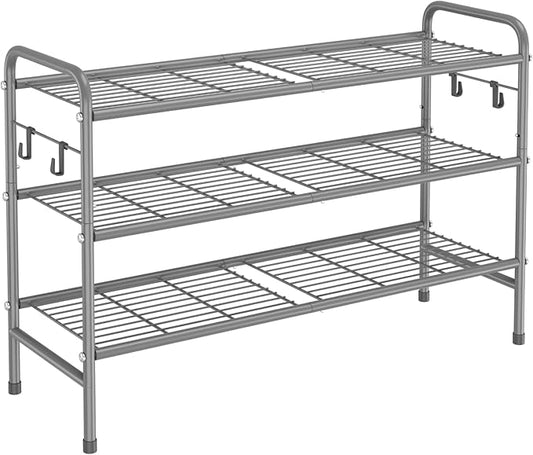 3 Tier Shoe Rack 33" Wide Metal Shoe Organizer Long Shoe Storage with 4 Side Hooks Sturdy Shoes Shelf for Front Door Entrance, Closet, Garage, Dorm, Grey