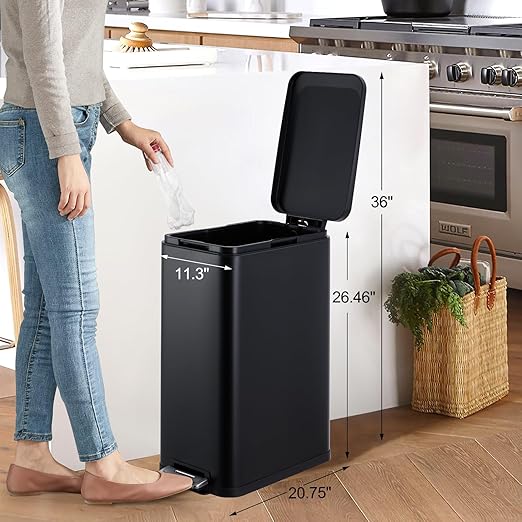 13.2 Gallon / 50L Kitchen Trash Can, Slim Stainless Steel Garbage Can with Removable Inner Bucket, Fingerprint-Proof Step Rubbish Bin with Soft-Close Lid for Narrow Space, Black